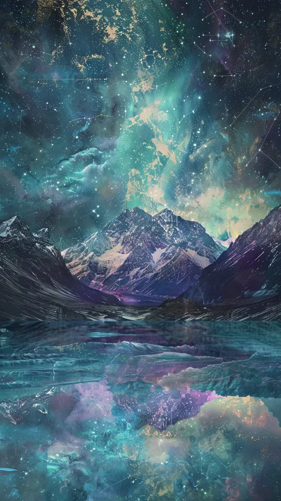 A breathtaking digital artwork depicts a serene mountain range reflected in a tranquil body of water.  The sky above is a vibrant nebula of teal, purple, and green, speckled with countless stars, creating a dreamlike, otherworldly atmosphere. The mountains are snow-capped, their peaks reaching towards the cosmic canvas. The overall effect is one of magical realism and peaceful grandeur.
