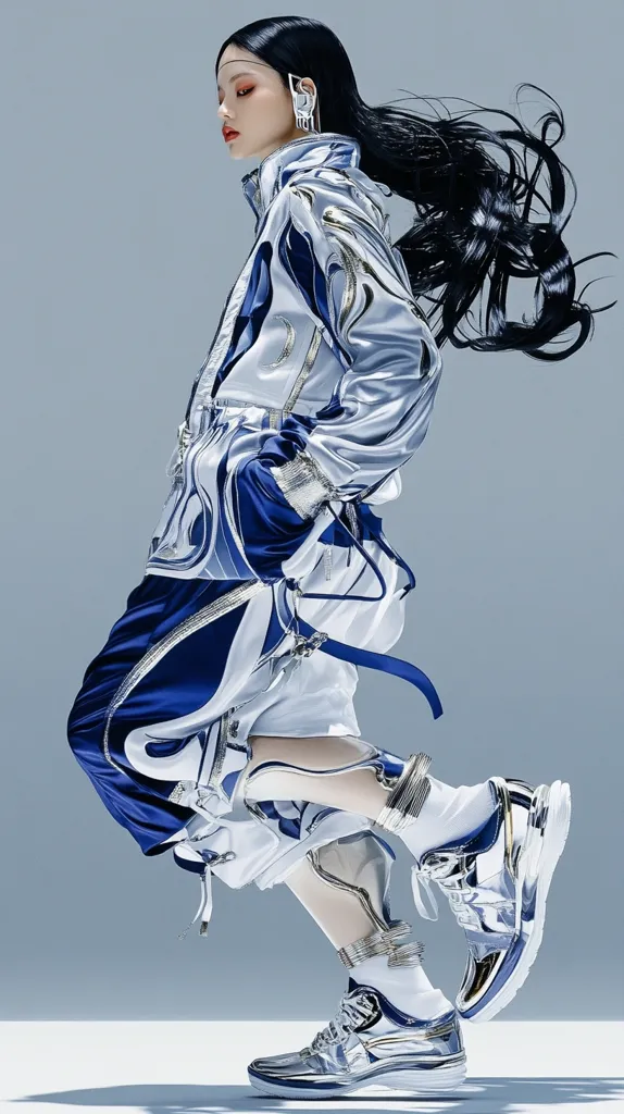 A striking fashion photograph showcases a model with long, black hair, elegantly styled.  She's dynamically posed, wearing a futuristic, silver and blue ensemble featuring a flowing jacket and pants.  The outfit's design incorporates swirling patterns and metallic accents.  The model sports eye-catching, metallic silver and blue high-top sneakers, completing the avant-garde look.  The overall aesthetic is sleek, modern, and highly stylized.