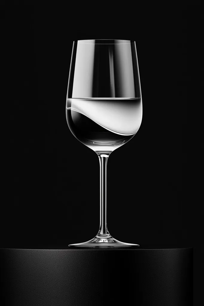 A stemmed wine glass, partially filled with a clear liquid, sits on a dark surface against a black background.  The liquid creates a subtle curve, showcasing the glass's elegant form.  The high-contrast monochrome image emphasizes the simplicity and elegance of the glassware and its contents.  The scene is minimalist and visually striking.