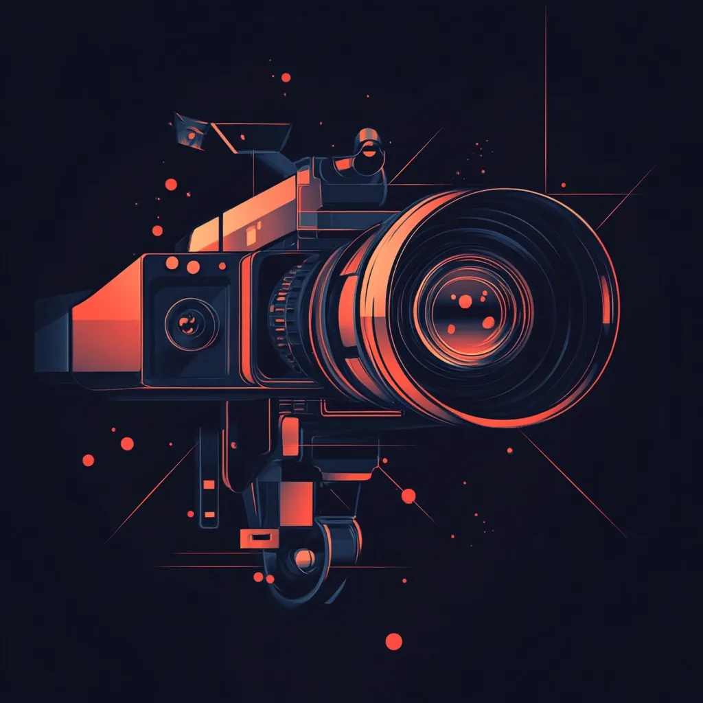 A stylized illustration of a vintage film camera dominates the dark background. Rendered in vibrant orange and deep blue hues, the camera's intricate details are emphasized through sharp lines and bold contrasts.  Geometric elements and scattered dots add to the graphic design aesthetic, creating a visually striking image suggesting themes of filmmaking and retro technology.