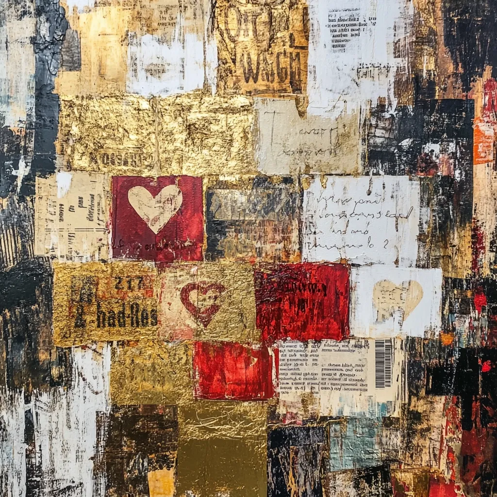 A vibrant mixed-media artwork features a collage of textures and colors.  Gold leaf accents contrast with red and black paint, creating a rich background.  Fragments of handwritten text and vintage tickets are layered throughout, interspersed with abstract shapes, including several stylized hearts. The overall impression is one of layered memories and emotions, expressed through bold artistic choices.
