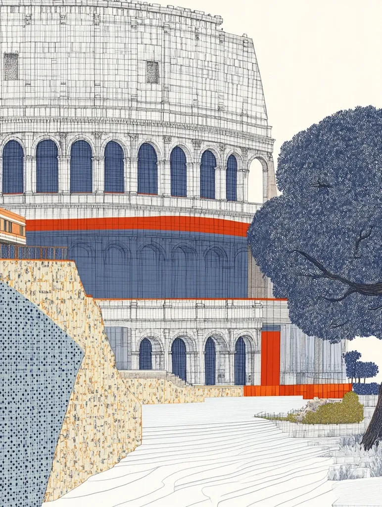 A stylized illustration depicts the Colosseum in Rome, rendered in meticulous linework and muted colors.  The iconic structure is partially shown, its arched facade emphasized.  A modern, textured wall and landscaping elements contrast with the ancient architecture.  A dark tree provides shade, suggesting a peaceful, contemporary interpretation of the historical site. The overall style is clean and architectural.