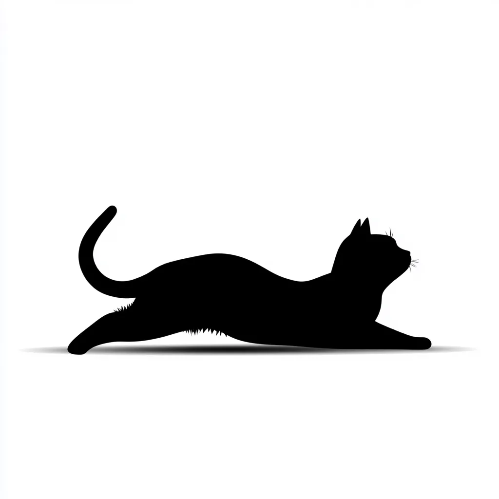 The image shows a black silhouette of a cat in a low, slinking pose.  Its body is elongated, and its tail curves gracefully behind it. The cat's head is turned slightly to its right, appearing alert and possibly in motion.  The silhouette is set against a plain white background, casting a small shadow beneath it. The overall impression is one of sleekness and feline grace.