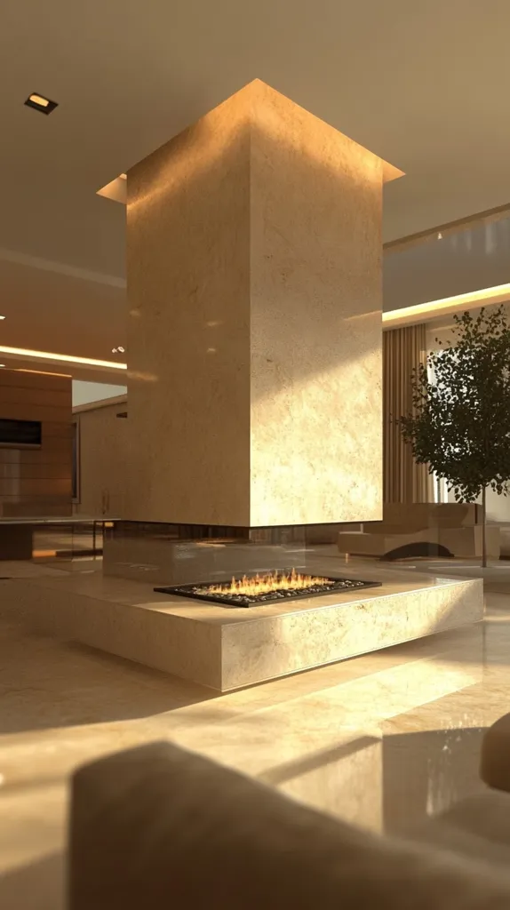 A modern minimalist fireplace is the centerpiece of this sunlit room.  The fireplace is built into a large, light beige marble pillar, creating a striking focal point.  The sleek design features a recessed firebox and a low, rectangular base.  The warm light enhances the luxurious feel of the space, complemented by muted tones in the surrounding architecture and a small potted tree. The overall aesthetic is one of sophisticated simplicity and understated elegance.