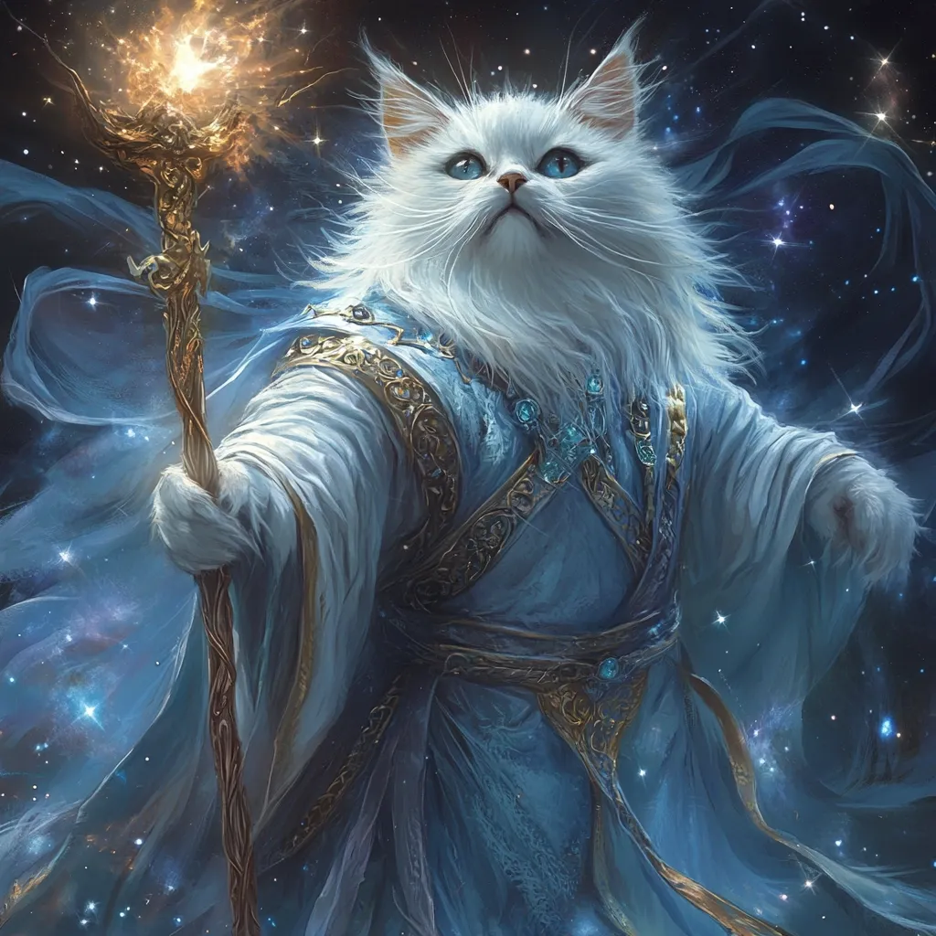 A majestic white Persian cat, adorned in a flowing, ornate light-blue robe embellished with gold detailing and turquoise gems, stands against a cosmic backdrop.  The cat holds a glowing golden staff, its piercing blue eyes fixed on something beyond the viewer.  The overall impression is one of mystical power and ethereal beauty, suggesting a powerful celestial feline mage.