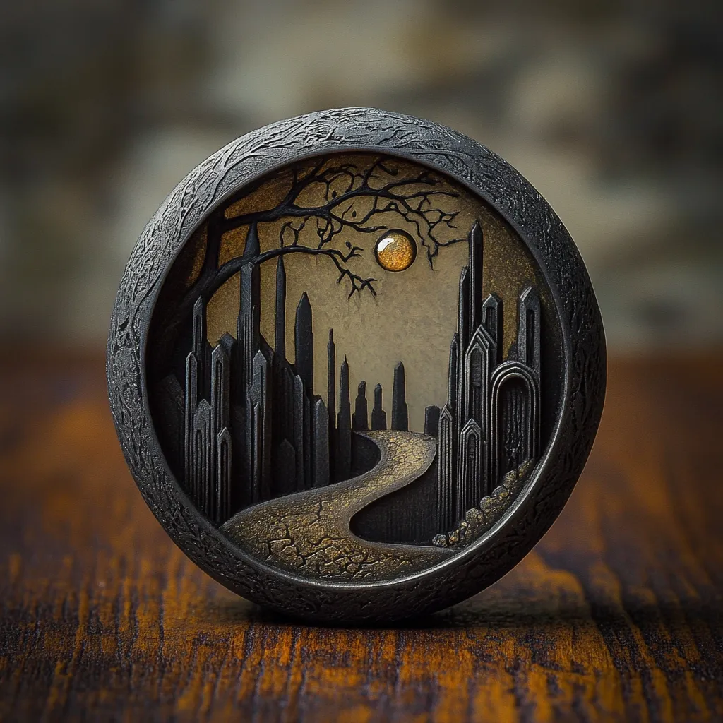 A meticulously crafted circular artwork depicts a nocturnal scene. A winding path leads towards a city of gothic spires under a pale moon, silhouetted against a muted sky.  A bare, dark tree branches to the left. The piece is dark, almost black, with gold accents on the path, creating a striking contrast. The circular frame features a textured surface.  The overall mood is mysterious and evocative.