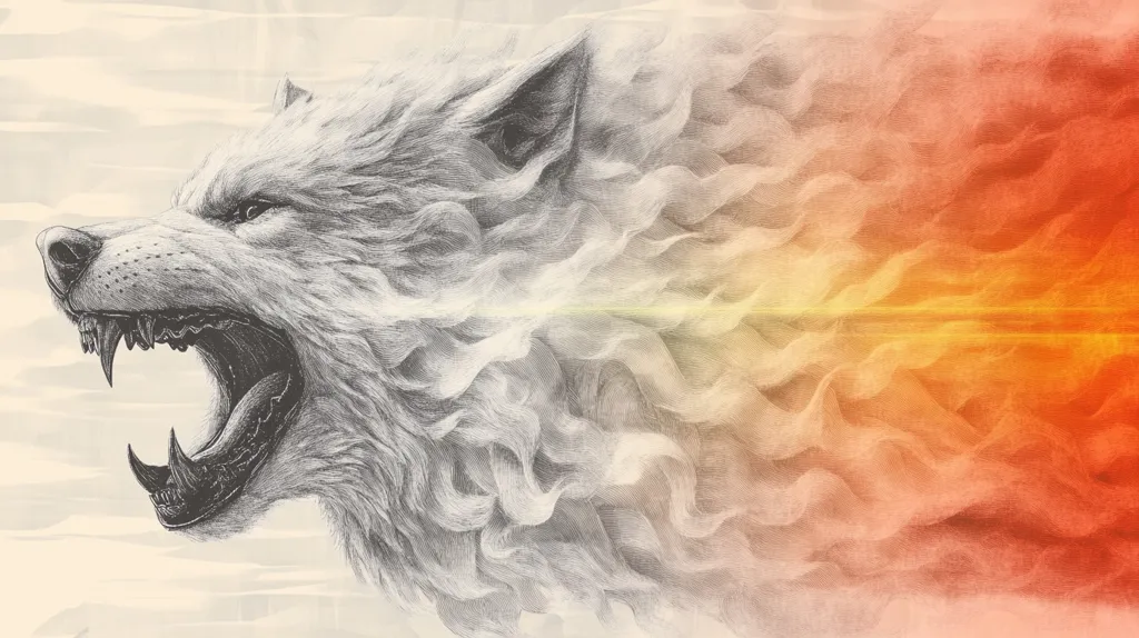 A detailed pencil sketch depicts a snarling wolf's head, seamlessly transitioning into a vibrant, fiery orange and yellow abstract background. The wolf's intense expression is contrasted by the flowing, ethereal quality of the flames, creating a powerful and visually striking image.  The grayscale wolf is rendered with meticulous attention to fur texture, while the background suggests movement and heat.