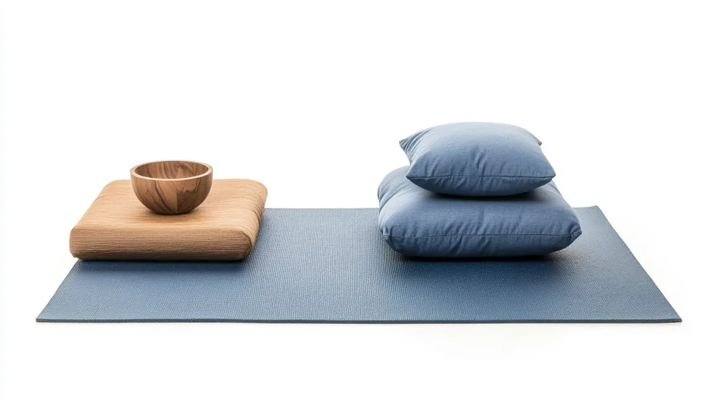 A blue yoga mat is shown centered in the image. On the left, a small wooden bowl sits atop a tan cushion.  To the right, two blue cushions are stacked on top of each other. The scene suggests a simple, serene space for meditation or relaxation.  The items are neatly arranged against a white background.