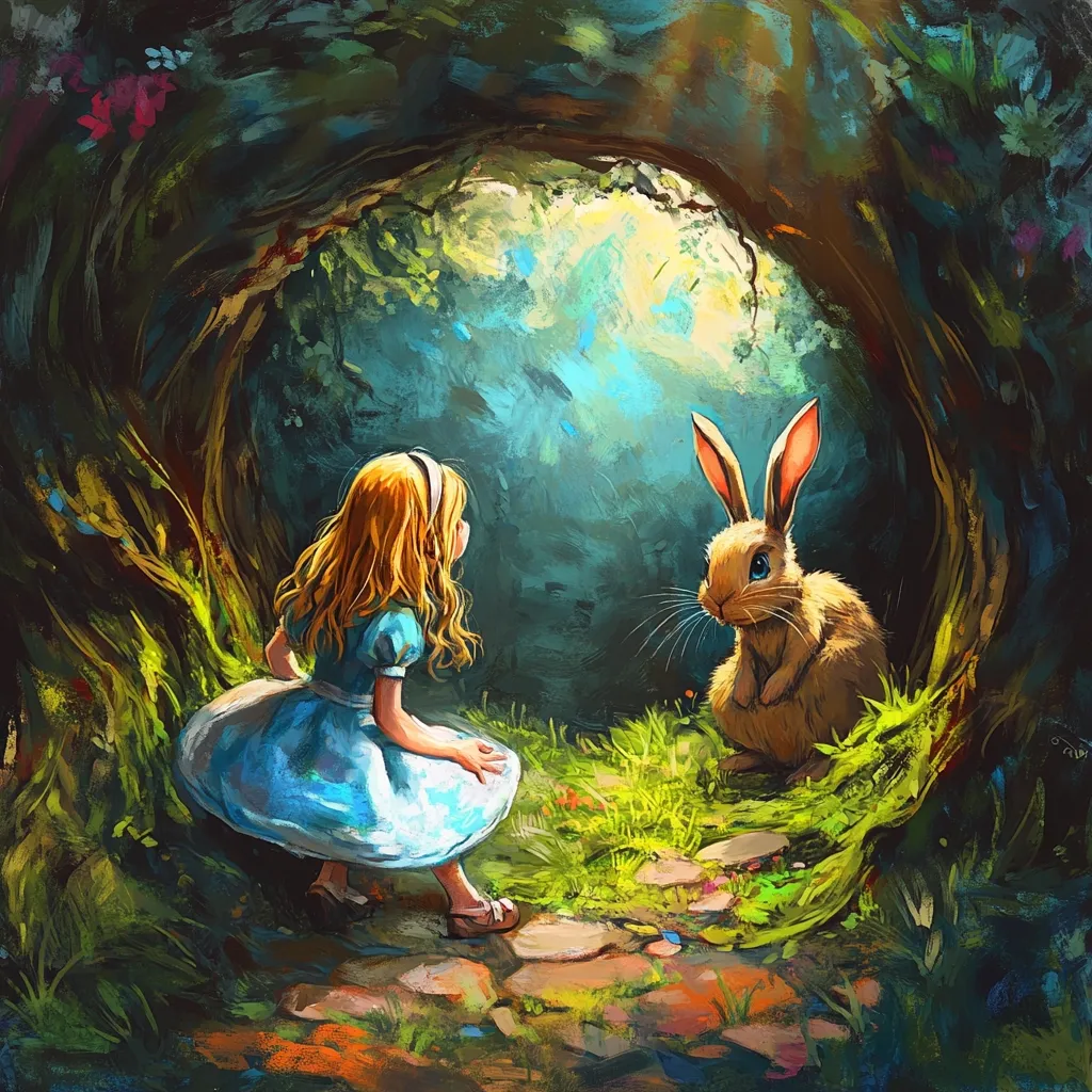 Alice, in her iconic blue dress, gazes at a curious rabbit under a whimsical, arching tree.  Sunlight streams through the forest canopy, illuminating the enchanting scene.  The rabbit sits calmly, its gaze meeting Alice's. Lush greenery and vibrant colors evoke a fairytale atmosphere reminiscent of Alice in Wonderland. The painting's style is painterly and expressive, capturing a moment of quiet wonder.