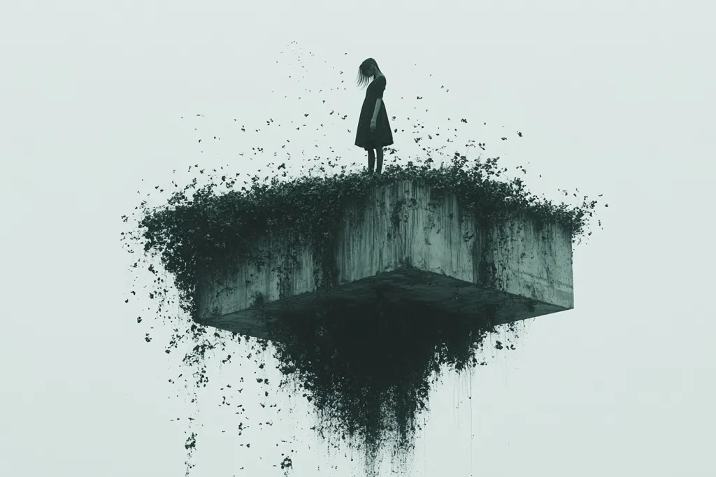 A solitary figure, a girl in a dark dress, stands on a small, floating concrete block.  The block is overgrown with vegetation that appears to be disintegrating, drifting away like falling leaves or petals.  The overall mood is melancholic and surreal, set against a muted, light grey sky.  The image suggests isolation, fragility, and a sense of impending loss or decay.
