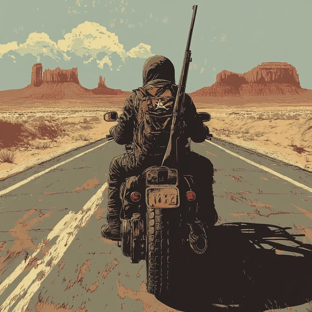 A lone motorcyclist rides a vintage chopper down a desolate highway, Monument Valley's buttes looming in the distance.  The rider, clad in dark clothing and a backpack, carries a rifle slung across their back. The scene evokes a sense of adventure and isolation in the vast, sun-baked landscape. The style is reminiscent of vintage travel posters or comic book art.