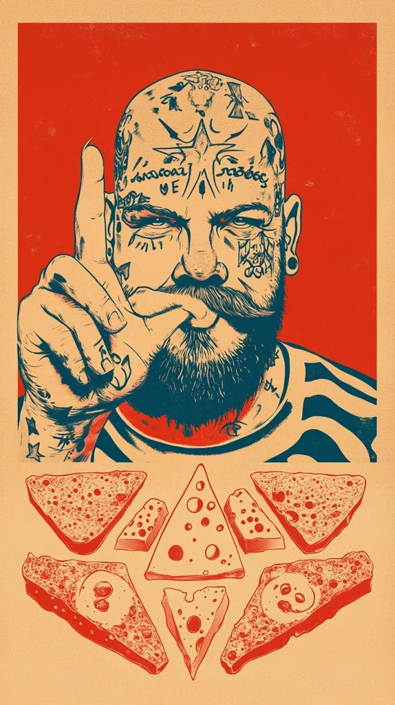 A heavily tattooed, bald man with a beard points upwards.  His tattoos are intricate and cover his head and hand. He's depicted in a bold, vintage style with two-toned colors of red and teal against a muted beige background. Below him are stylized illustrations of cheese slices, adding a surreal and contrasting element to the image. The overall aesthetic is bold and graphic, possibly for a poster or print.