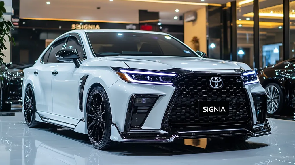 A pristine white Toyota Camry Signa, customized with an aggressive body kit, is showcased in a showroom.  The car features distinctive black accents on the front grille and side skirts, along with aftermarket wheels. Sleek LED headlights and a prominent Signa badge complete the sporty aesthetic. The showroom's polished floor reflects the car's elegant design.