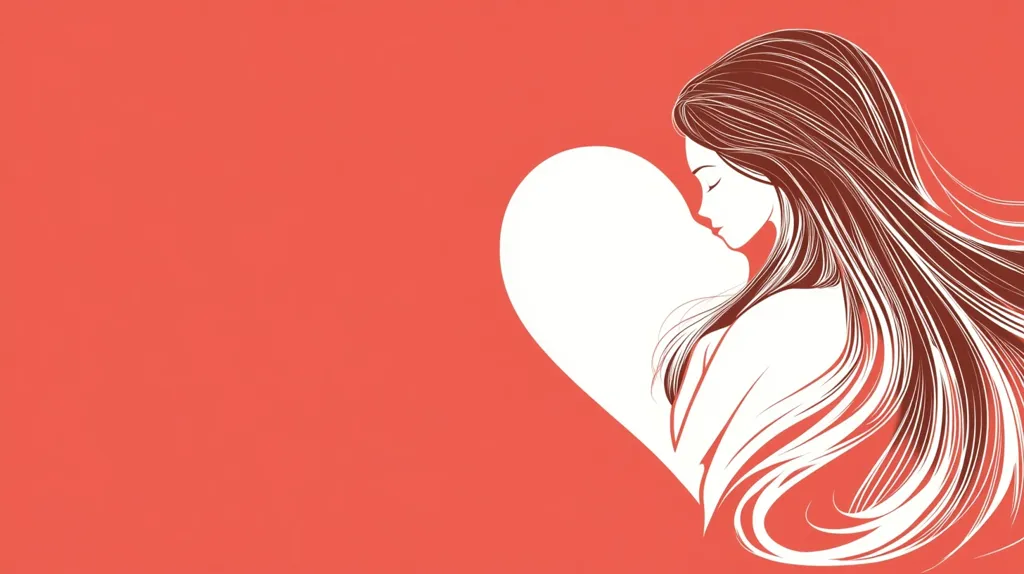 A stylized illustration of a woman with long flowing hair, depicted in profile against a coral background.  Her form is partially obscured by a large, white heart shape, creating a romantic and subtly melancholic mood. The image uses simple lines and a minimalist aesthetic. The overall effect is one of elegance and quiet contemplation.