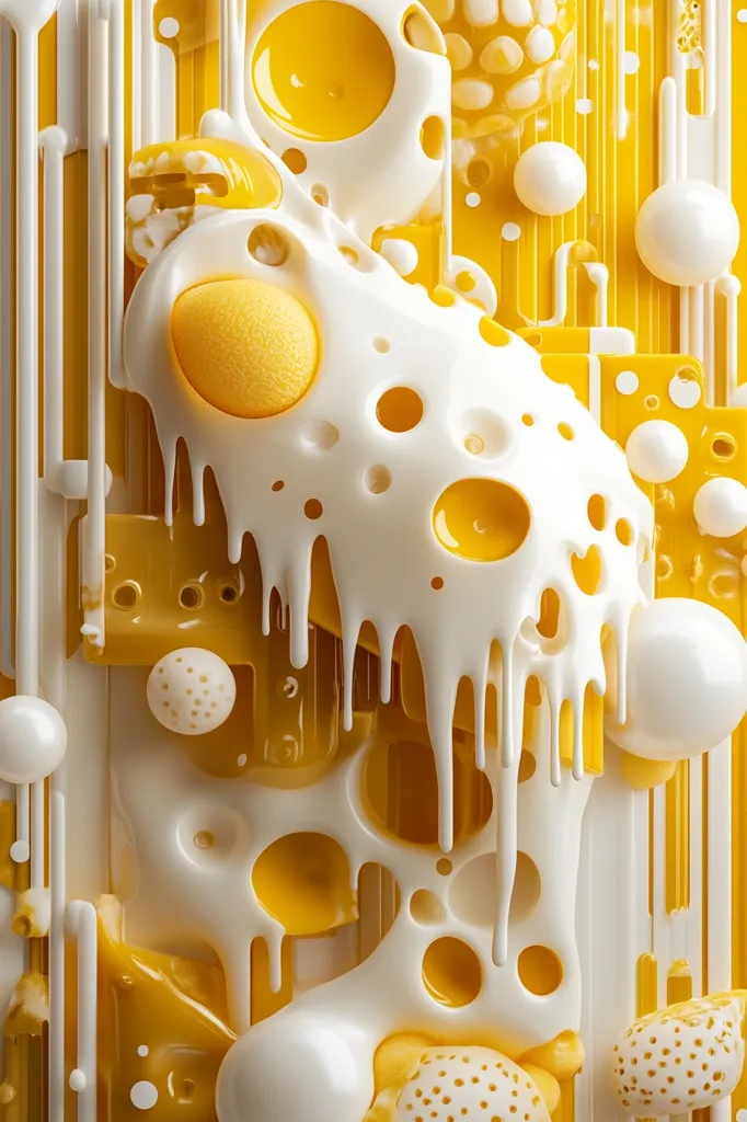 An abstract image featuring a dynamic interplay of yellow and white forms.  Melted, cheese-like white structures drip over a textured yellow background, interspersed with spherical elements and various shapes. The overall effect is one of fluidity and organic, yet geometric, design.  The color palette is vibrant and consistent, creating a visually striking composition.
