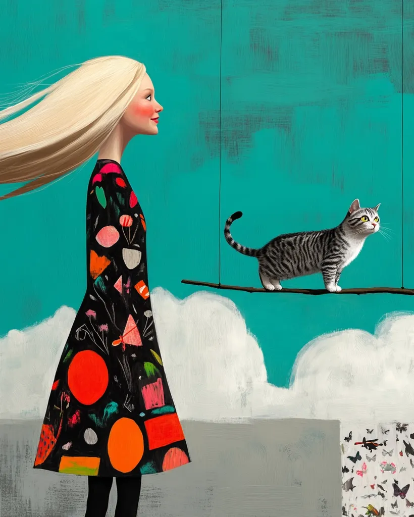 A whimsical illustration depicts a blonde woman in a vibrant, geometric dress, her long hair flowing.  She stands against a teal background, subtly cloudy near the bottom. A tabby cat delicately balances on a thin branch suspended in the air, creating a surreal and charming scene. The overall style is playful and slightly surreal, with a focus on bold colors and contrasting textures.