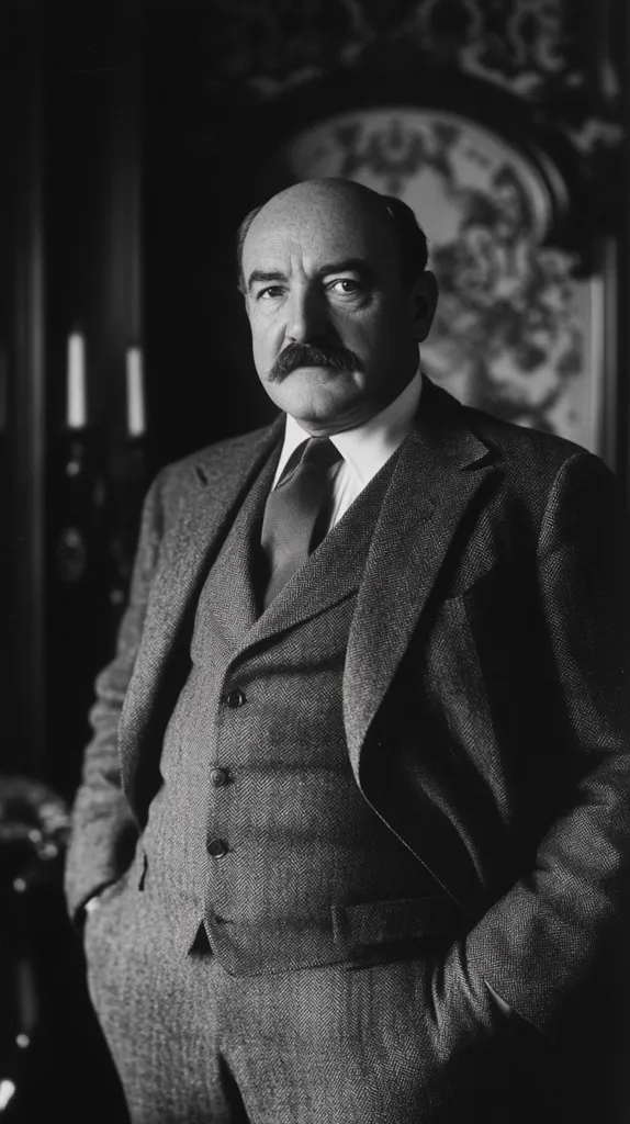 A black and white portrait of a man in a three-piece suit. He is bald with a prominent mustache and appears serious.  His suit is dark gray with a herringbone pattern, and he has his hands in his pockets. The background is blurred, showing a dark room with hints of ornate wall decor.  The image has a classic, formal feel.