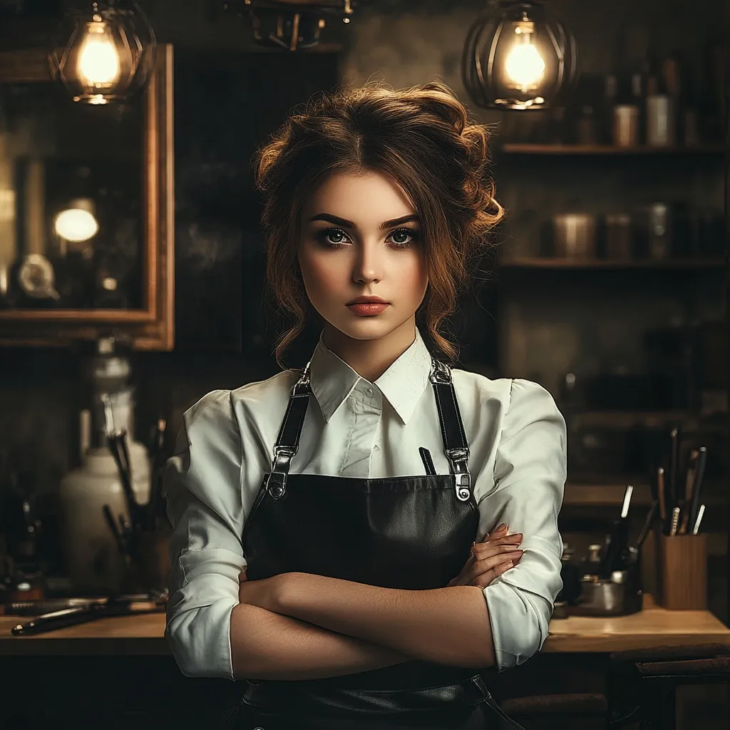 A young woman with her arms crossed stands confidently in a dimly lit workshop. She wears a white collared shirt and a black leather apron, suggesting a craft or artisan profession.  Her styled hair and makeup present a polished look, contrasting with the rustic background of wooden shelves and antique lighting fixtures. The overall image conveys a sense of skill and determination.