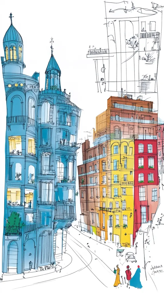 A vibrant illustration depicts a city street corner. A striking teal building with arched windows and balconies dominates one side, while colorful buildings in yellow and red fill the opposite. Architectural sketches overlay a section, suggesting a design process.  Three figures in long coats stroll down the street, adding a human element to the scene. The style is loose and expressive, suggestive of a watercolor sketch.