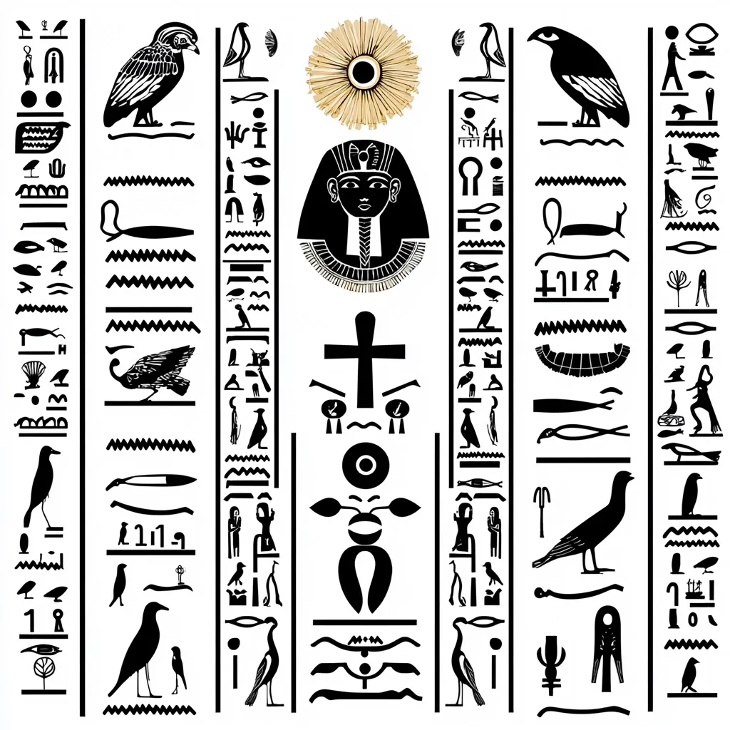 A stylized image resembling ancient Egyptian hieroglyphs is presented.  Black glyphs, including birds, figures, and symbols, are arranged in vertical columns on a white background. A central column features a pharaoh's mask and an ankh symbol.  A straw sunburst is positioned above the central column, adding a textural element to the predominantly graphic design. The overall effect is a modern interpretation of ancient Egyptian art.