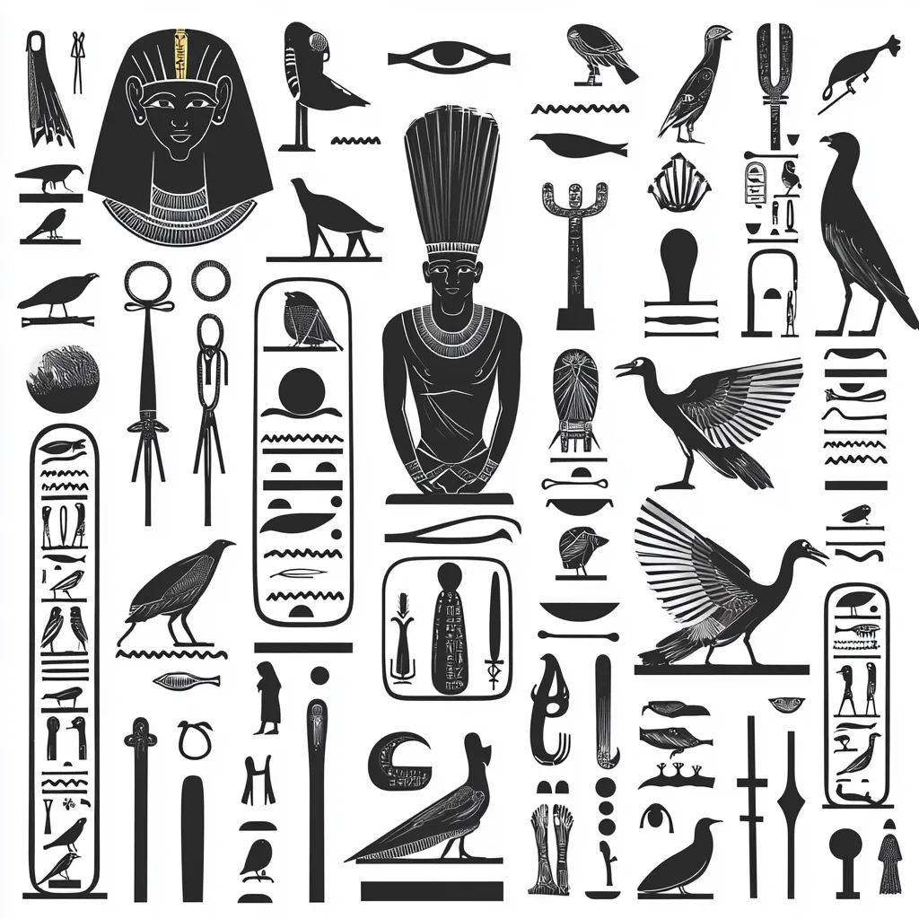 A collection of ancient Egyptian hieroglyphs and symbols are depicted in a black and white illustration.  The design features iconic imagery including pharaohs, birds, an eye of Horus, and various religious and symbolic objects.  The style is reminiscent of ancient tomb paintings or temple carvings, showcasing a rich tapestry of Egyptian artistry and culture.  The detailed elements are arranged in a dense yet organized pattern.