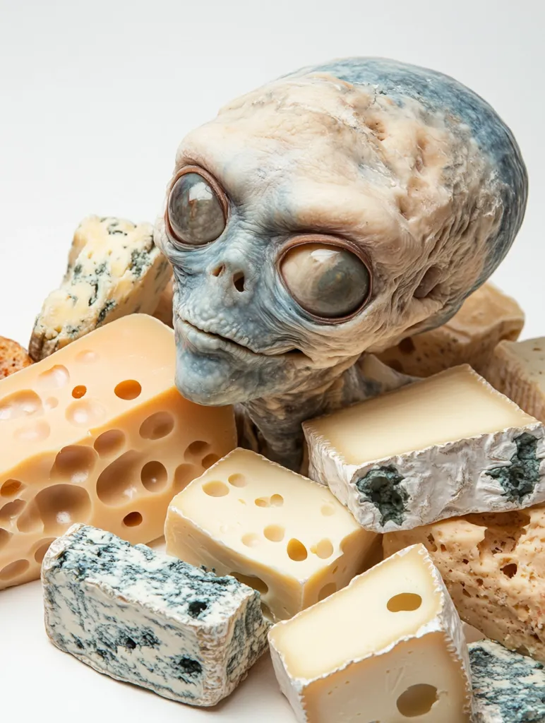 A model of an alien's head rests atop a pile of various cheeses.  The cheeses include blocks of Swiss, blue cheese, and other hard cheeses with varying textures and colors. The scene is set against a plain white background, creating a stark contrast between the unusual subject and the food.  The image is surreal and humorous.