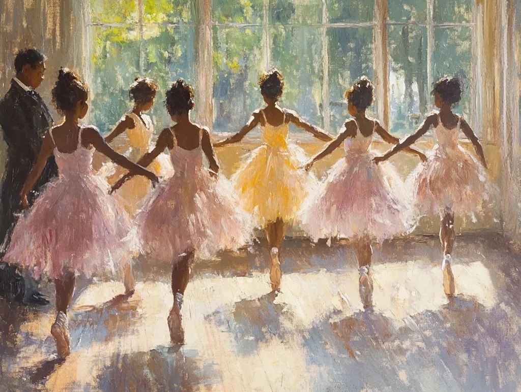 A painting depicts a ballet class in a sunlit room.  Six young, Black ballerinas in pastel tutus practice their positions, their backs to the viewer.  A male instructor stands observing.  The sunlight streams through a large window behind them, casting long shadows on the polished floor. The scene is peaceful and serene, capturing a moment of grace and focused training.