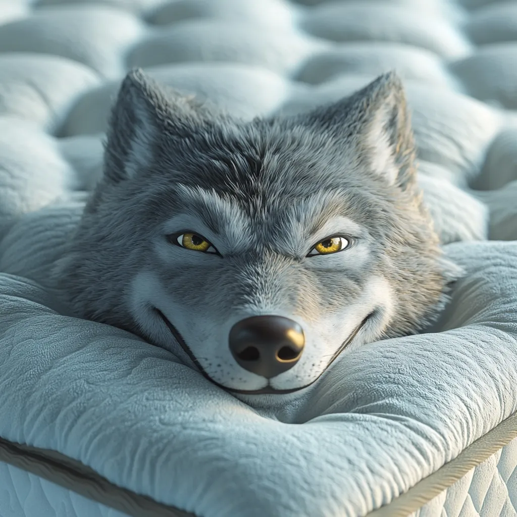 A digitally rendered gray wolf's head rests contentedly on a plush, light-blue mattress.  The wolf's eyes are intensely yellow, and a slight smirk plays on its lips. The texture of both the wolf's fur and the mattress is highly detailed, giving a realistic feel to the image. The overall tone is serene, yet the wolf's expression hints at a sly intelligence.