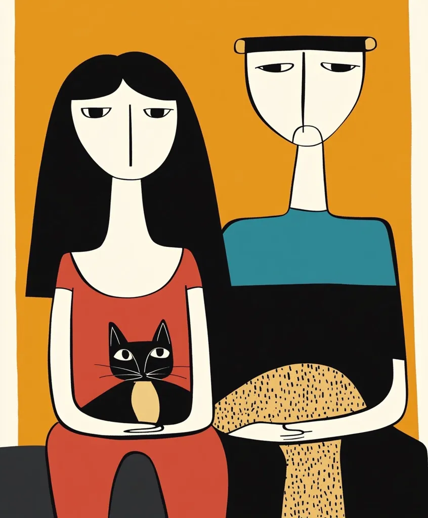 A stylized illustration depicts a couple seated side-by-side against a vibrant orange backdrop. The woman, with long black hair, holds a black cat on her lap, while the man rests his hands on a patterned garment.  Their expressions are somber, and the overall style is minimalist and geometric, characteristic of mid-century modern art.  The color palette is bold and limited, emphasizing the figures and their relationship.
