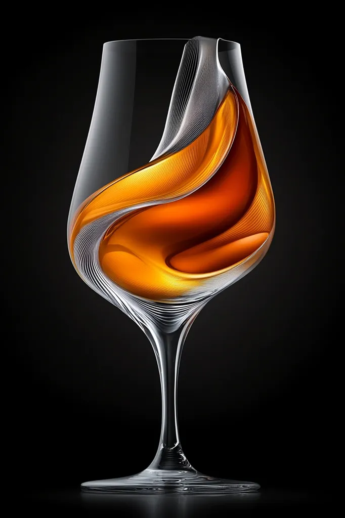 A stemmed glass, possibly for cognac or a similar spirit, is elegantly showcased against a black backdrop.  The amber liquid within appears sculpted, its surface mimicking flowing fabric or waves, creating a dynamic and visually striking contrast against the clear glass.  The image's lighting emphasizes the liquid's richness and the glass's delicate form.