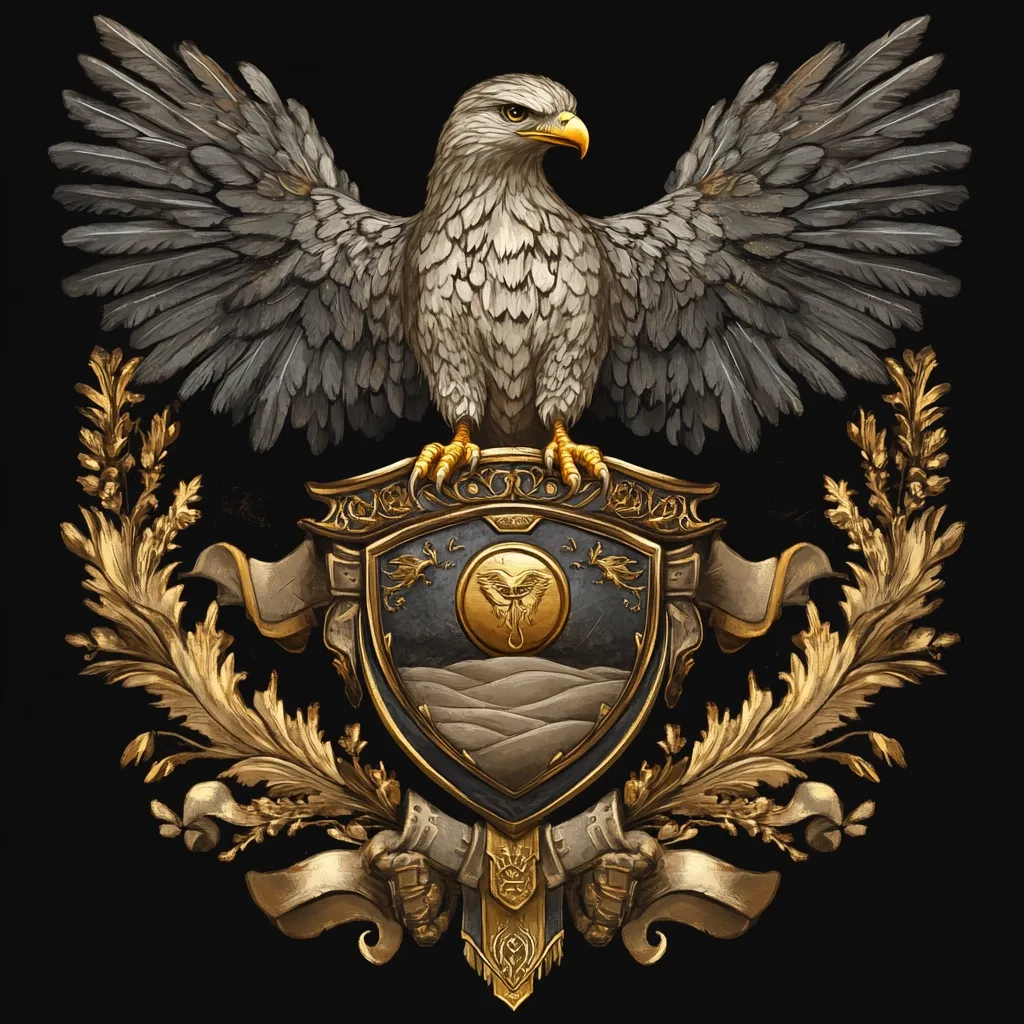 A majestic gray eagle with outstretched wings perches atop an ornate heraldic shield. The shield, dark blue with gold trim, features a landscape of rolling hills and a central emblem.  Intricate gold scrollwork and leaf motifs flank the shield, adding to the grandeur.  The overall style is reminiscent of medieval heraldry, conveying a sense of power and prestige.