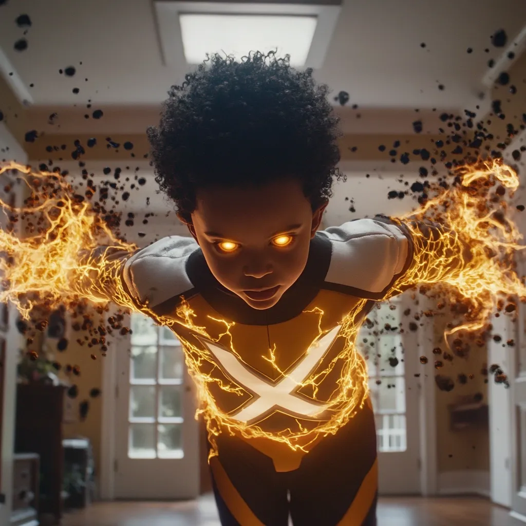 A young Black boy with glowing orange eyes and arms is shown, seemingly emanating fiery energy.  He's wearing a yellow and black superhero costume with a glowing 'X' across his chest.  Particles of dark matter swirl around him as he floats in a hallway of a house.  The image is dramatic and suggests a powerful, possibly supernatural, ability.