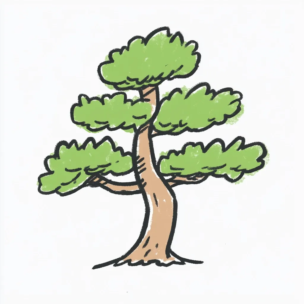 A cartoon drawing of a tree with a thick, tan trunk and several layers of lush, green foliage.  The tree's branches extend outwards, creating a layered, full appearance. The style is simple and childlike, with bold outlines and textured shading. The background is plain white, making the tree the focal point of the image.