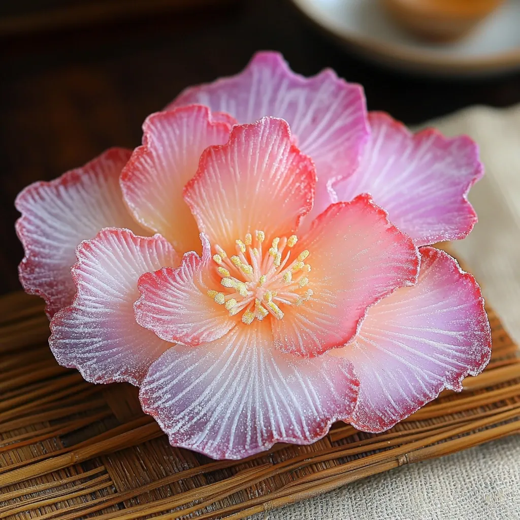 A delicate artificial flower, possibly a peony, rests on a woven bamboo tray. Its petals are a gradient of pink and white, subtly textured with a fine, sparkly dust.  The flower's center boasts a cluster of yellow stamens, adding to its realistic appearance. The overall aesthetic is one of soft beauty and gentle elegance.