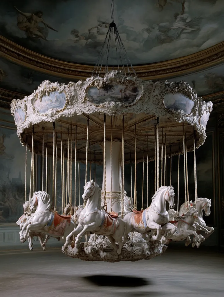 An antique carousel hangs suspended from the ceiling of a grand, ornate room.  The carousel, predominantly white and ornately carved, features several sculpted horses with red and white saddles.  The room's ceiling is painted with classical scenes, and the overall atmosphere is one of faded grandeur and quiet stillness. The image evokes a sense of nostalgia and forgotten elegance.