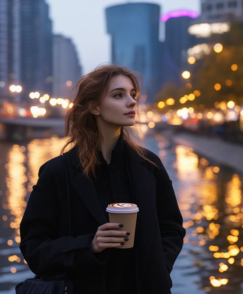 A young woman with auburn hair stands by a city canal at dusk.  She wears a black coat and holds a takeaway coffee cup.  The city lights reflect on the water creating a warm, bokeh effect in the background.  Her gaze is directed away from the camera, towards the cityscape.  The overall mood is contemplative and serene.