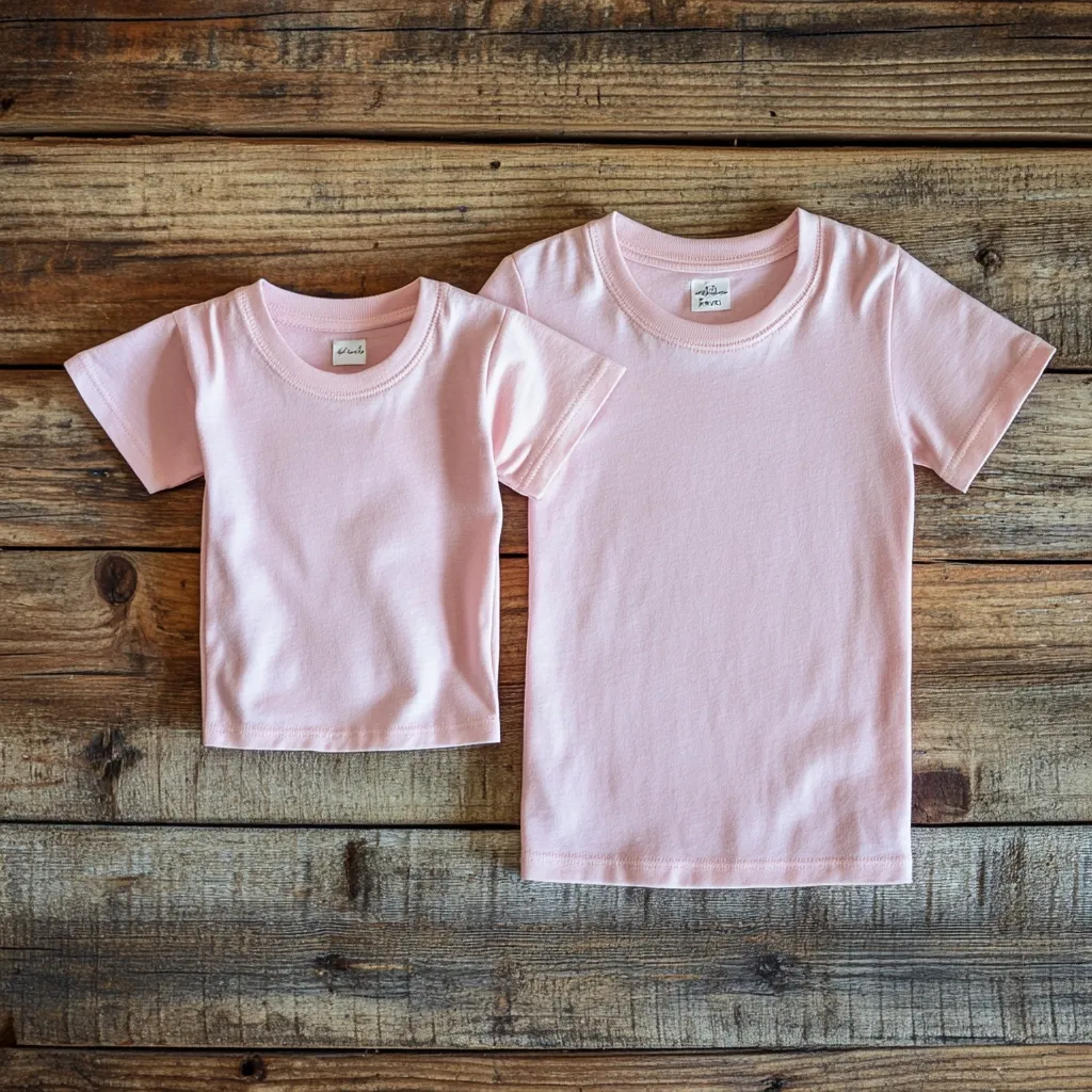 Two pale pink, plain t-shirts are displayed on a rustic wooden background. The shirts are identical in style, with short sleeves and crew necks, but differ in size, suggesting they are for children of different ages.  The smaller shirt is positioned above and to the left of the larger one, creating a visually appealing comparison.  Both shirts appear soft and lightweight.