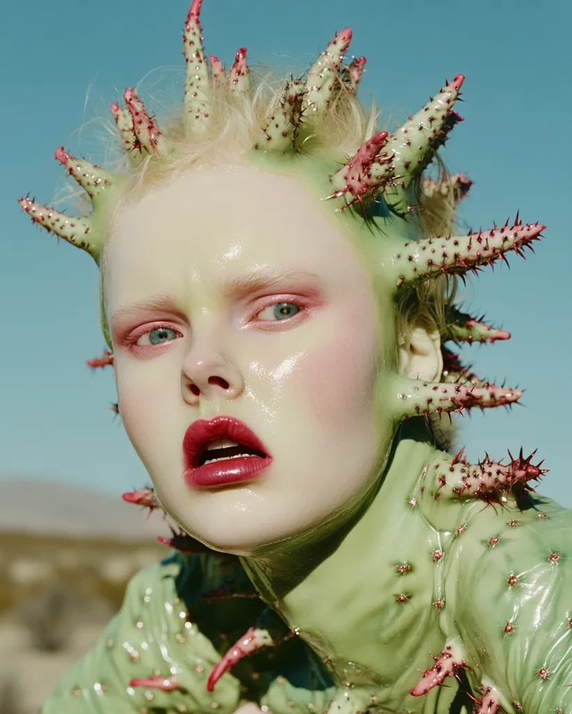 Close-up of a model with striking avant-garde makeup and styling.  Her pale face is adorned with a sculpted, cactus-like headpiece and bodysuit, creating a surreal, otherworldly effect.  The vibrant pink cactus spines contrast against the pale green skin, while her expression is one of surprised intensity. The background suggests a desert landscape.