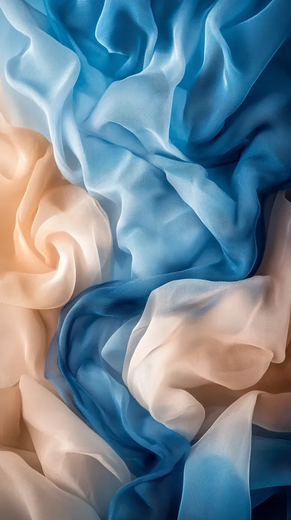 A close-up shot reveals the delicate texture of sheer fabric in shades of beige and blue.  The material is draped and folded, creating soft, flowing curves and highlighting the ombre effect transitioning from light beige to deep blue.  The image emphasizes the translucent nature and subtle color gradients of the luxurious textile.