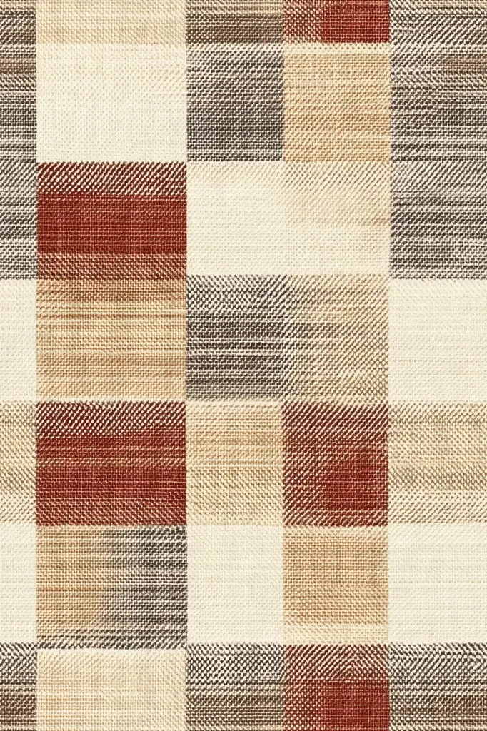 The image shows a textured fabric with a large-scale plaid pattern. The colors are muted earth tones, including beige, brown, and reddish-brown. The plaid squares appear woven, creating a subtle variation in texture and shade within each square. The overall effect is a simple yet visually interesting textile, suitable for various home decor applications.