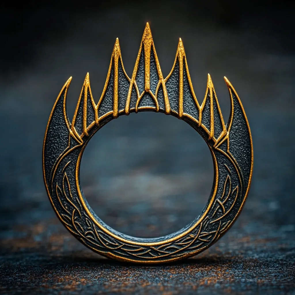 A close-up reveals a meticulously crafted ring, its dark metal base adorned with intricate gold detailing.  The design features a central crown-like motif atop a crescent shape, embellished with leaf-like patterns.  The ring rests on a dark, textured surface, highlighting its metallic sheen and the contrast between the dark and gold elements.  The overall aesthetic is dark, regal, and evocative of fantasy or mythology.