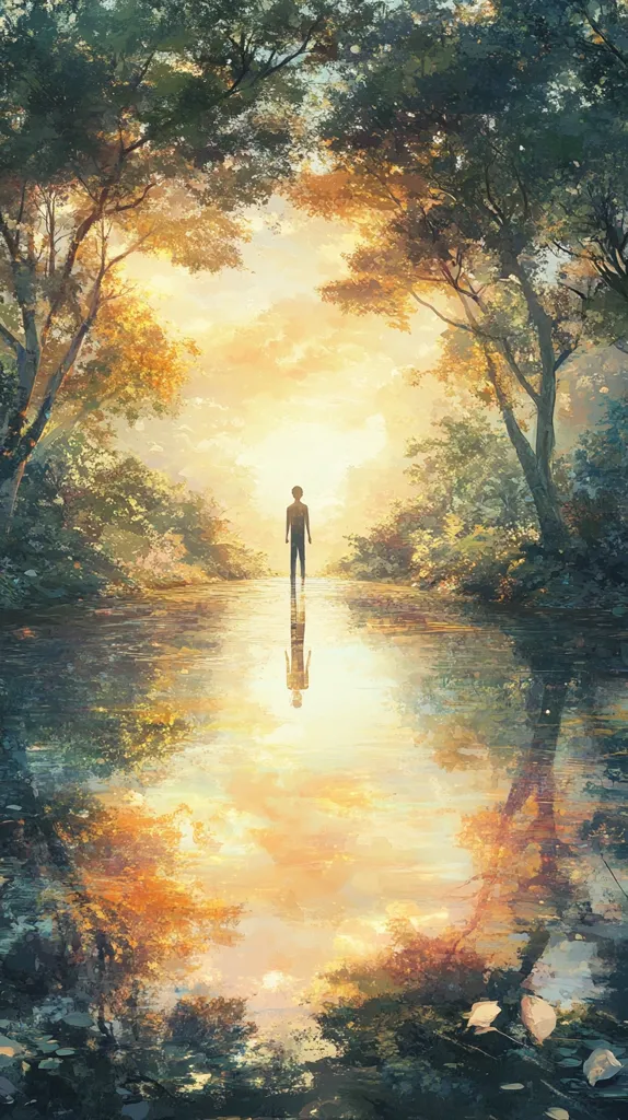 A solitary figure stands in the center of a tranquil scene, bathed in the warm glow of a sunset.  The person is silhouetted against a luminous sky, reflected perfectly in the still water of a calm stream.  Lush green trees arch overhead, creating a natural frame for this peaceful and contemplative image. The overall mood is serene and introspective.
