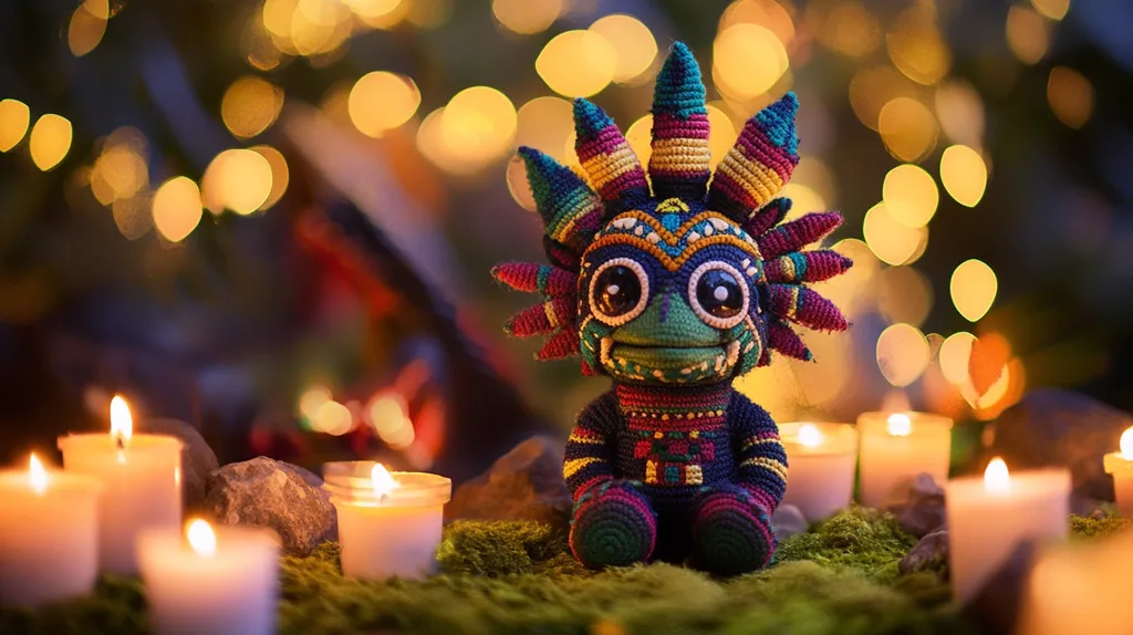 A vibrant, crocheted creature resembling a stylized Aztec deity sits amidst a bed of moss, surrounded by softly glowing candles.  Its intricate design features bold colors and geometric patterns. The warm candlelight casts a magical ambiance, highlighting the handcrafted details of the charming amigurumi.  The bokeh background adds a festive, mystical feel.
