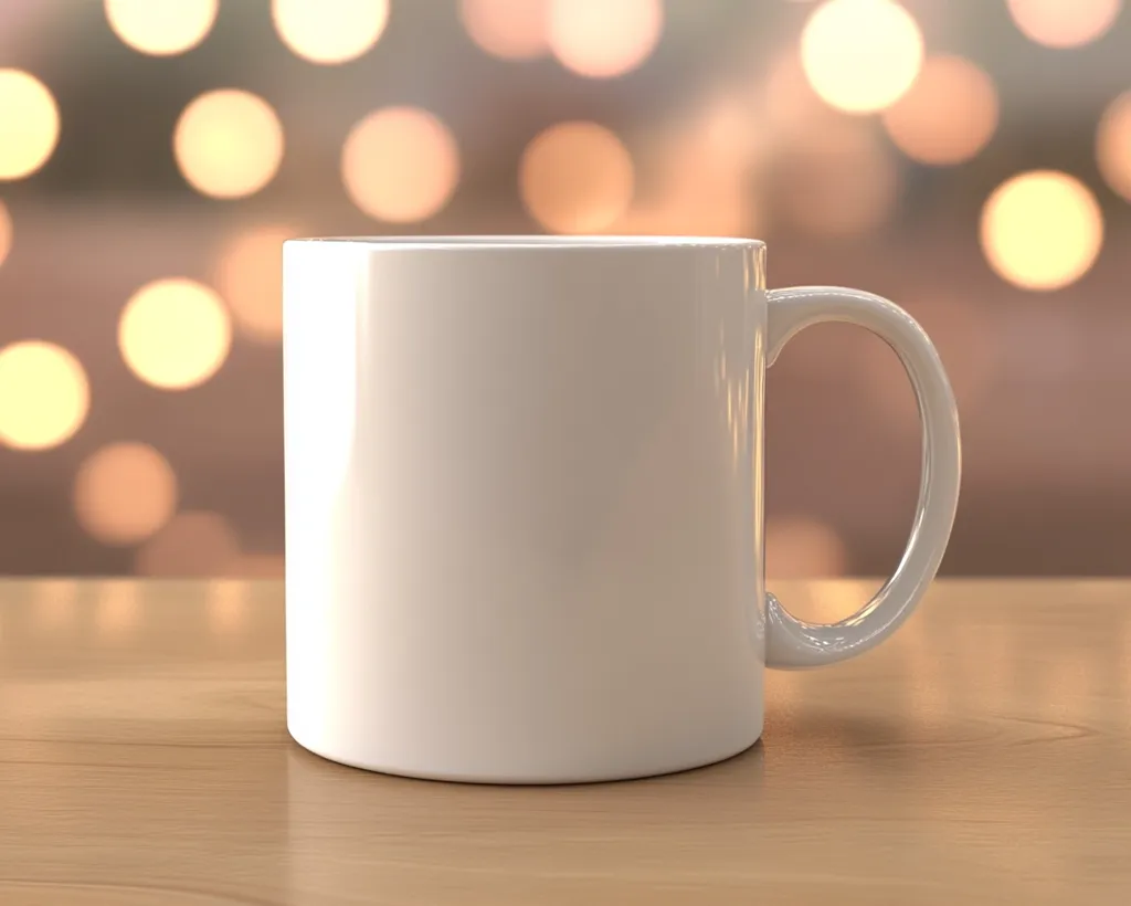 A plain white coffee mug sits on a light brown wooden table.  The background is blurred, showing a warm bokeh of golden lights, creating a cozy and inviting atmosphere.  The mug is cylindrical with a simple, curved handle. It's a clean, minimalist design, perfect for showcasing branding or personalization.