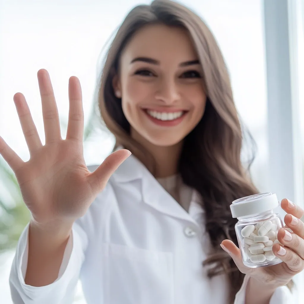 A smiling female doctor, wearing a white lab coat, holds up five fingers on one hand while presenting a small, clear jar filled with white pills in the other.  She is the focus of the image, her expression friendly and approachable. The background is softly blurred, indicating a bright, clean environment.