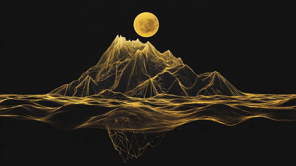 A stylized, golden wireframe landscape dominates the image, set against a stark black backdrop.  A large, luminous yellow moon hangs above a mountain range, its peaks and valleys rendered in intricate, glowing lines. The landscape extends to a reflective, undulating plane below, creating a surreal and ethereal atmosphere. The overall effect is one of elegant minimalism and otherworldly beauty.