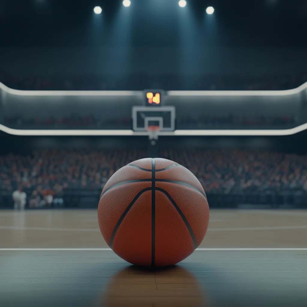 A basketball rests on a polished hardwood court, positioned in the foreground.  The background is blurred but shows a large, mostly full arena with a scoreboard and basketball hoop.  The scene is dimly lit, creating a dramatic atmosphere suggestive of a basketball game. The image focuses on the solitary ball, implying anticipation or reflection.
