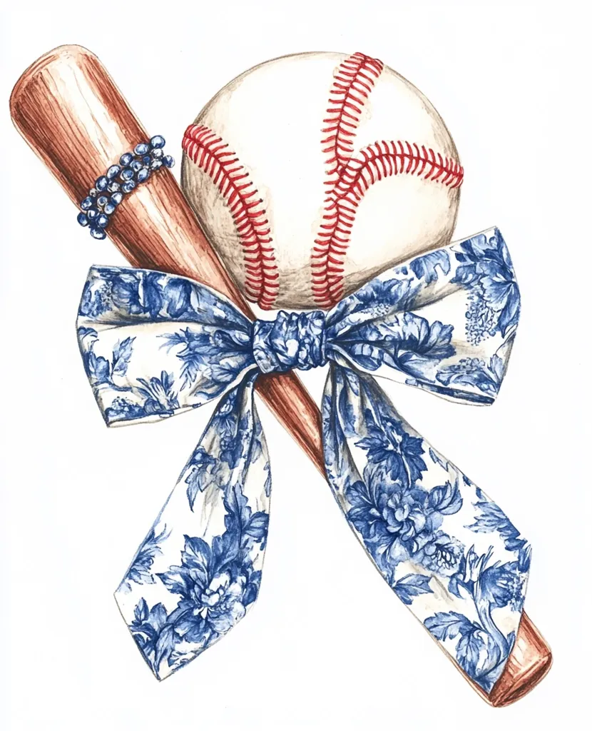 A watercolor illustration depicts a baseball bat and ball tied together with a large, blue and white floral bow.  The bat is wooden with a beaded detail near the handle. The baseball is classic in style, with red stitching. The bow is elegantly tied, creating a decorative and whimsical scene. The overall style is delicate and charming.