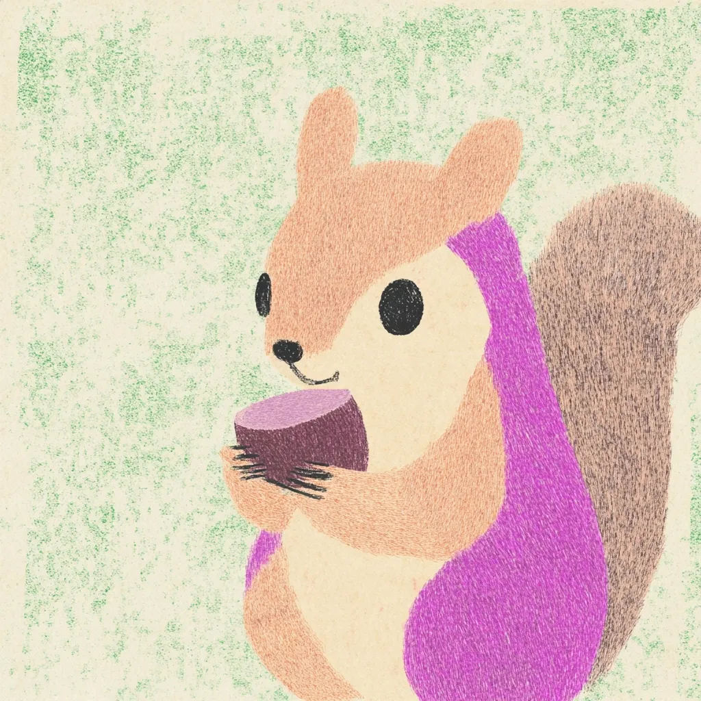 An adorable cartoon squirrel, rendered in a textured, crayon-like style, is depicted holding a piece of purple sweet potato.  The squirrel is light brown with a fluffy texture, wearing a vibrant purple cape or shawl.  It sits against a soft, pale green background with a subtle speckled effect. The overall style is charming and whimsical.