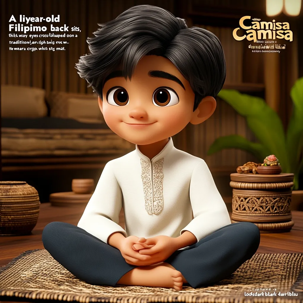 A young Filipino boy, around a year old, sits cross-legged on a traditional mat.  He wears a cream-colored shirt and dark pants. His large eyes are expressive, and he has dark hair. The image is a promotional still from the animated film "Camisa."